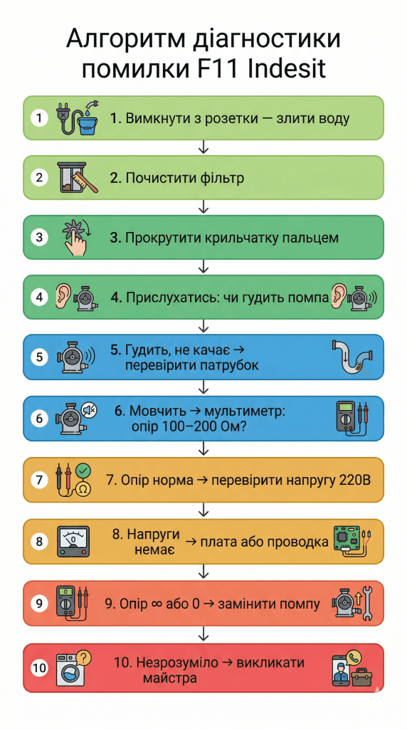 код помилки F11 Indesit діагностика самостійно — покроковий алгоритм перевірки насоса шпаргалка