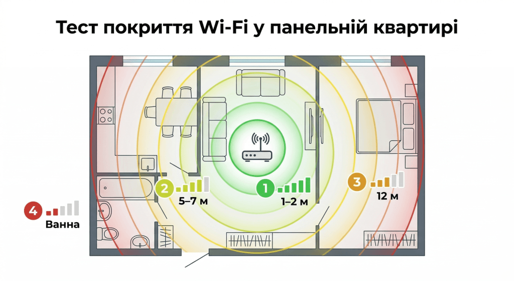 покриття Wi-Fi у квартирі через стіни тест — план квартири точки вимірювання сигналу Wi-Fi 7