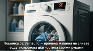 помилка 5E пральна машина Samsung що означає — дисплей показує 5E вода у барабані не зливається
