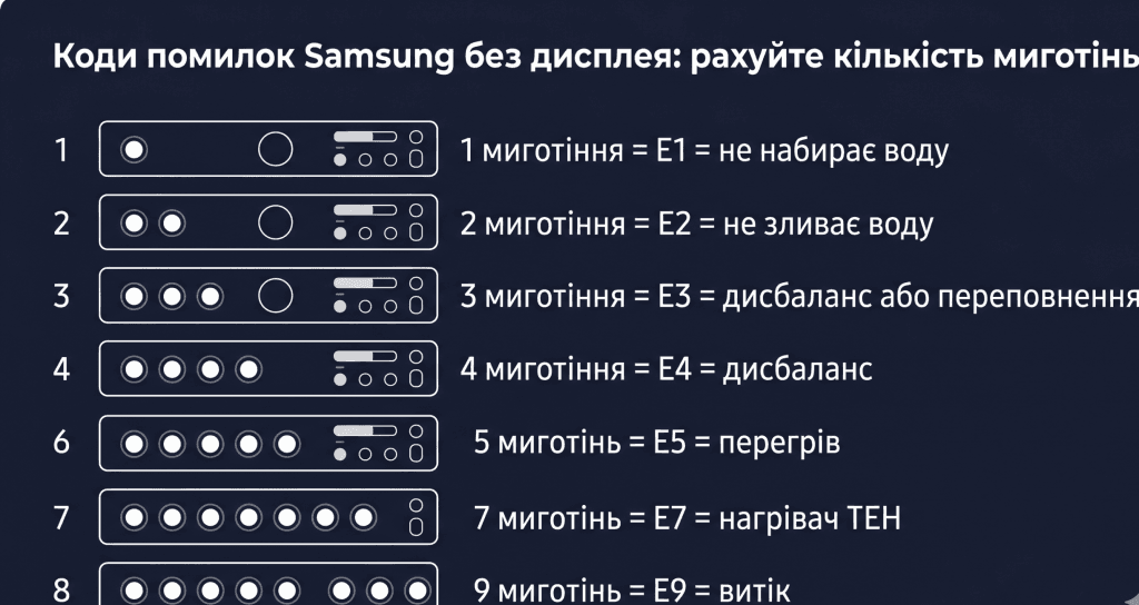 пральна машина Samsung мигає і не запускається — визначити код помилки кількість миготінь E1 E2 E3