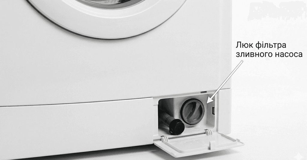 чистка фільтра зливного насоса Indesit інструкція — розташування люка фільтра внизу передньої панелі