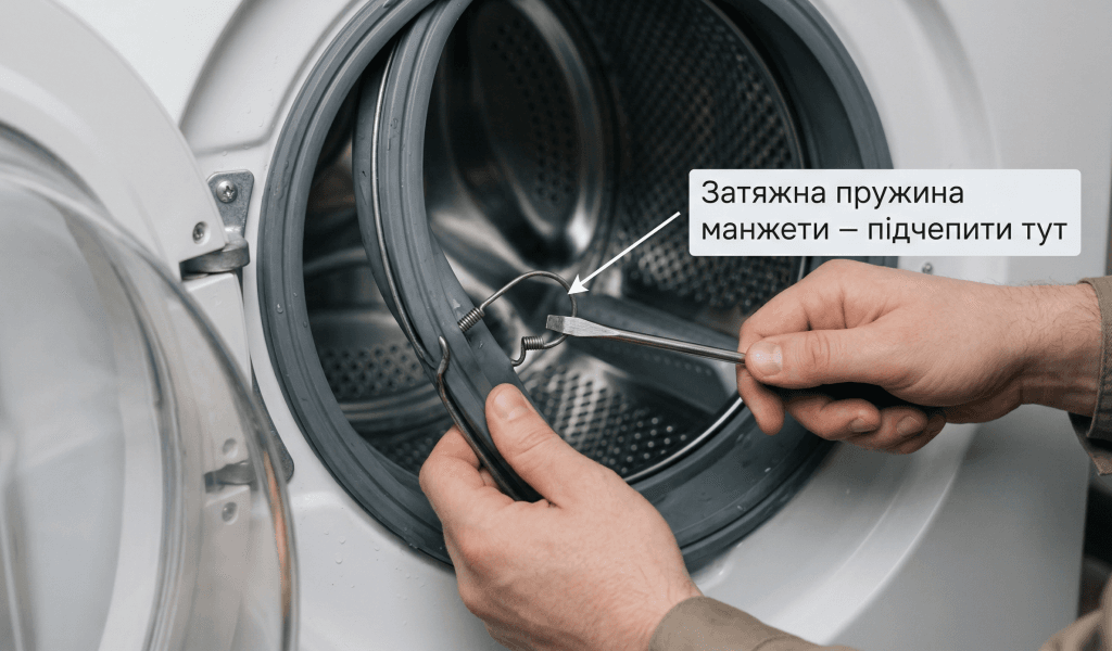 як замінити замок люка пральна машина Indesit — зняття гумової манжети і пружини хомута