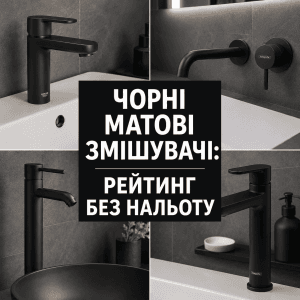 Естетичний фотоколаж преміальних чорних матових змішувачів Grohe Essence та Hansgrohe Talis E на фоні стильної ванної кімнати з великим контрастним написом.