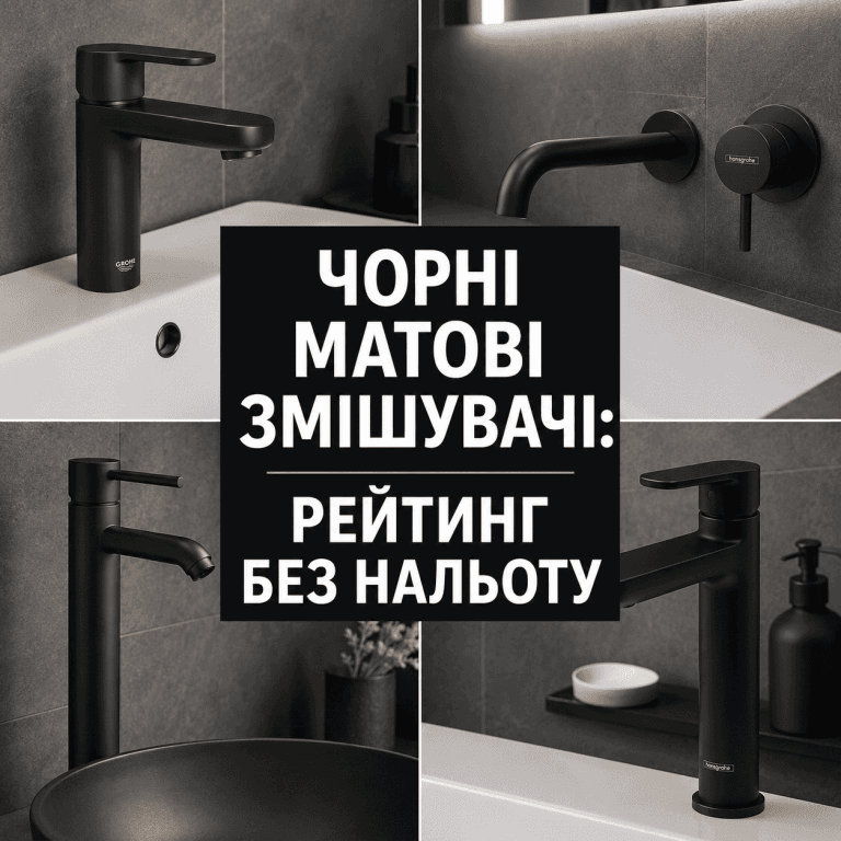 Естетичний фотоколаж преміальних чорних матових змішувачів Grohe Essence та Hansgrohe Talis E на фоні стильної ванної кімнати з великим контрастним написом.