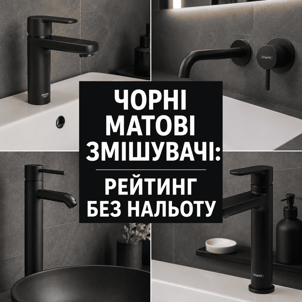 Естетичний фотоколаж преміальних чорних матових змішувачів Grohe Essence та Hansgrohe Talis E на фоні стильної ванної кімнати з великим контрастним написом.