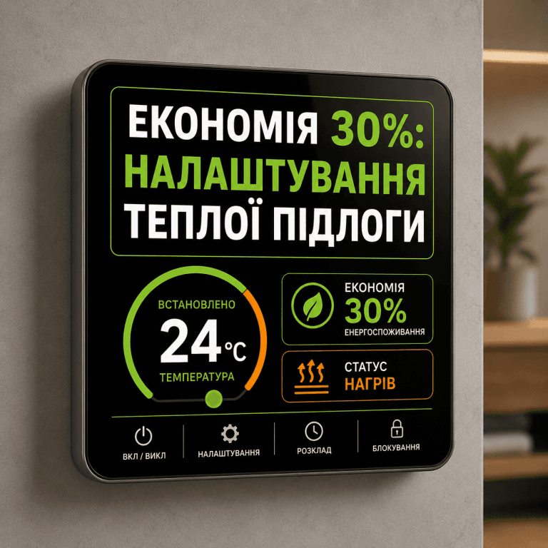Сучасний сенсорний терморегулятор на стіні із чітким написом українською мовою про налаштування теплої підлоги для економії 30% електроенергії.