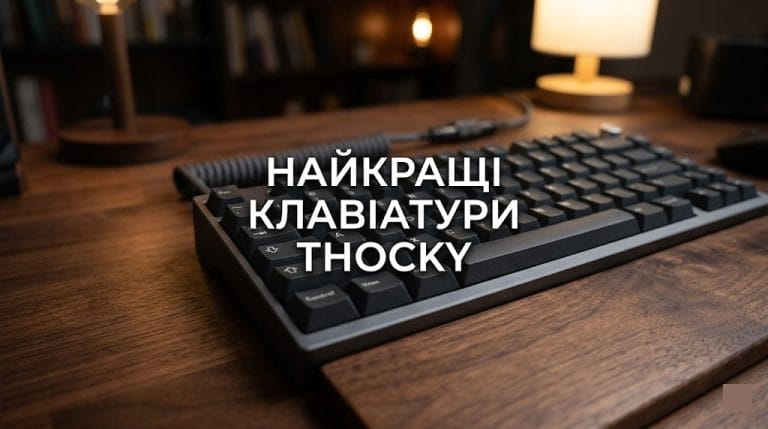 Кастомна механічна клавіатура з товстими PBT кейкапами для ідеального thock звуку на дерев'яному робочому столі.