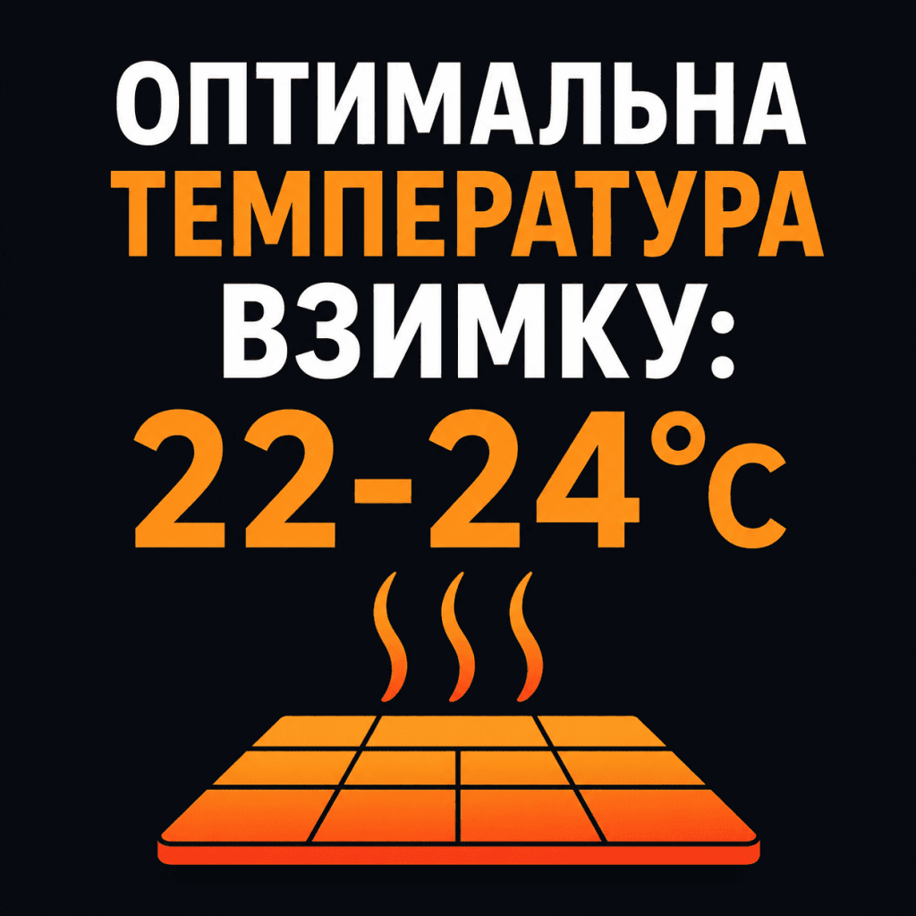 Графічна інфографіка, яка показує, що оптимальна температура для теплої підлоги взимку становить від 22 до 24 градусів за Цельсієм.