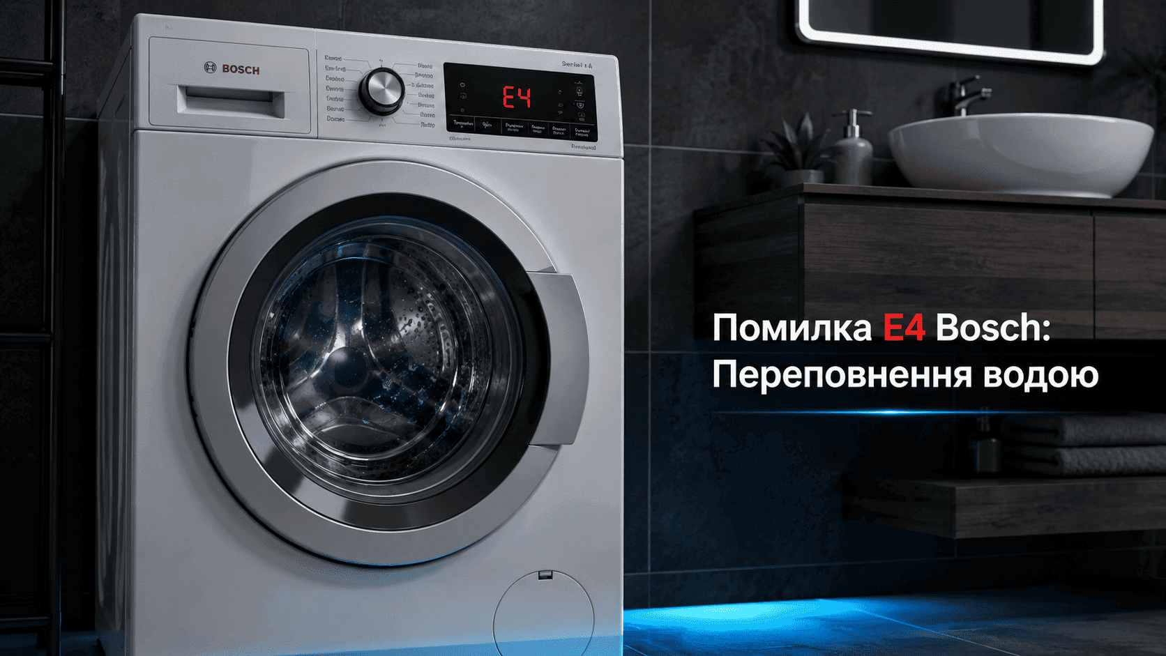 Реалістична пральна машина Bosch з помилкою E4 на дисплеї, що вказує на переповнення бака водою.