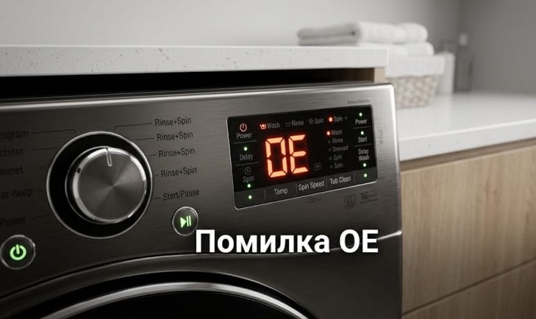 Электронный дисплей стиральной машины LG с кодом ошибки OE, которая означает проблемы со сливом воды.