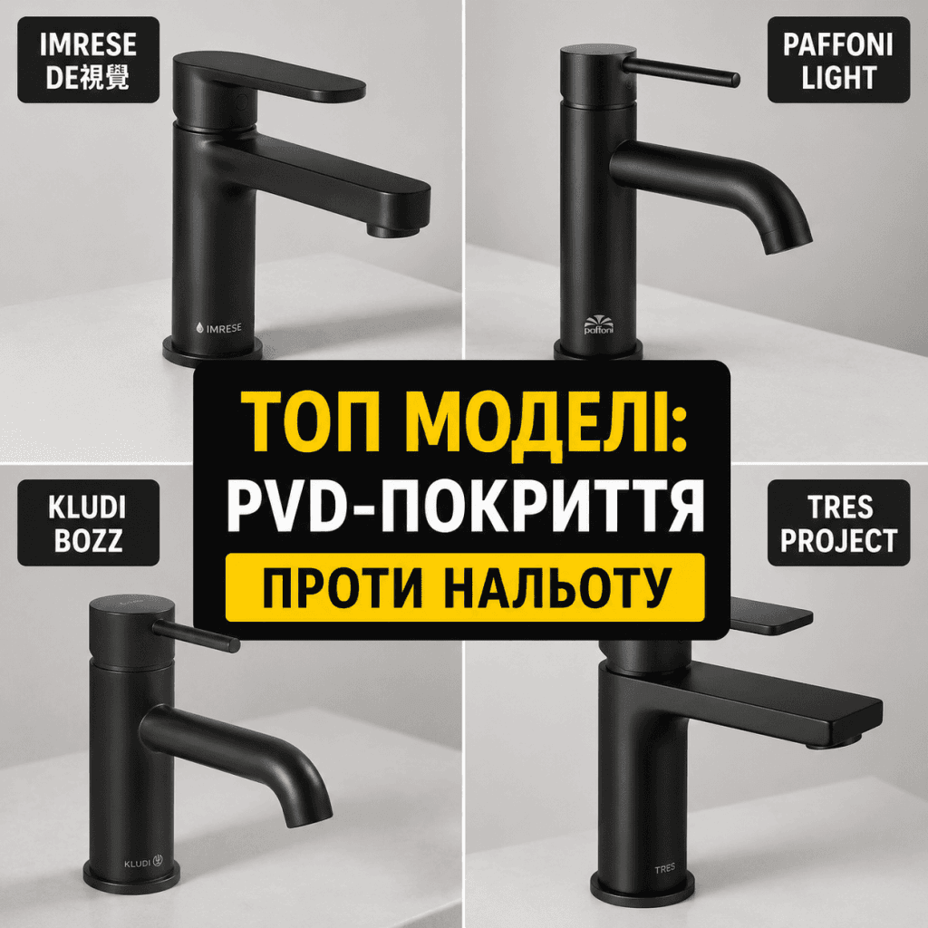 Порівняльний фотоколаж із чотирьох реальних моделей чорних змішувачів Imrese, Paffoni, Kludi та Tres у формі зручної для сприйняття сітки.