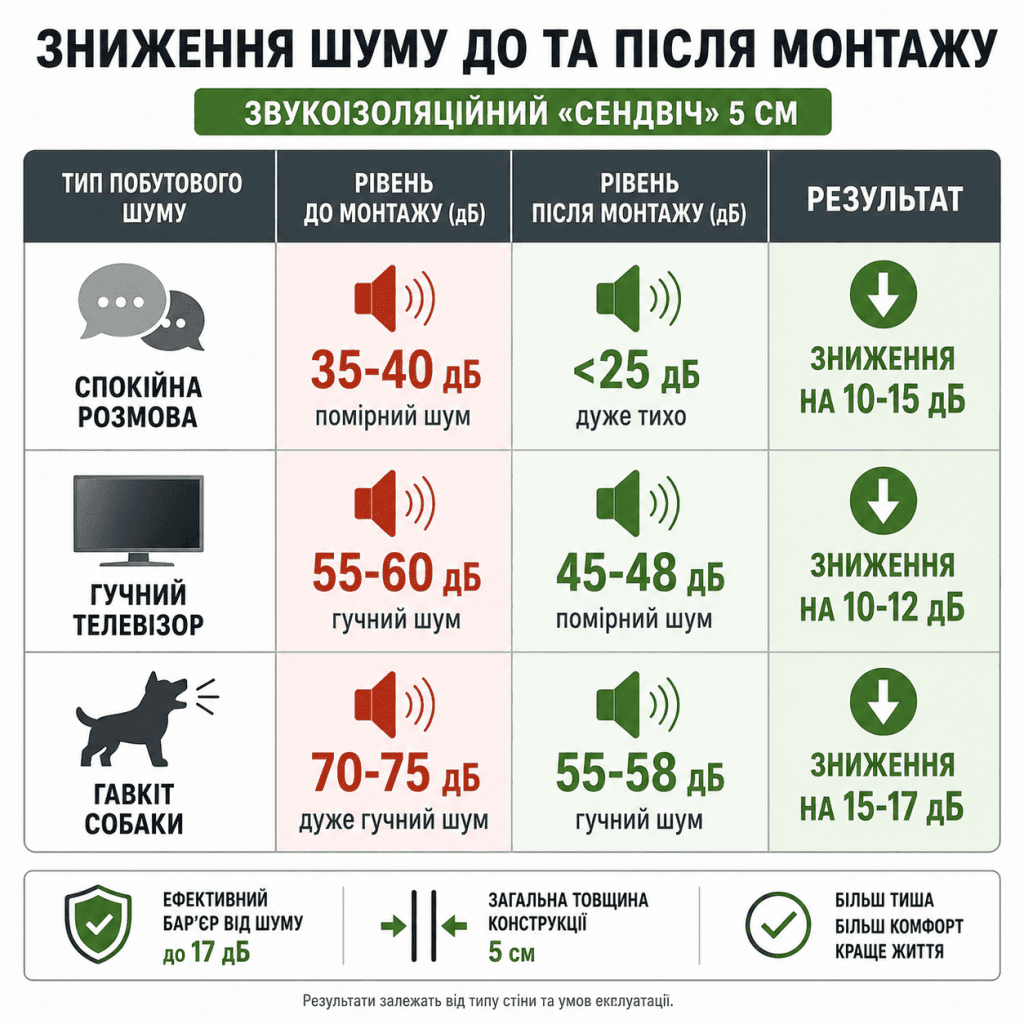 Інфографіка порівняння рівнів побутового шуму в децибелах (дБ) до і після монтажу тонкої звукоізоляції стіни товщиною 5 см.