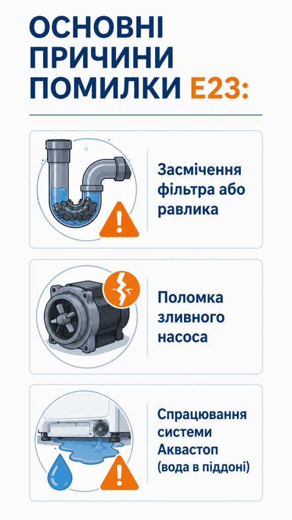 Три головні причини виникнення помилки E23: засмічення зливу, несправність насоса або спрацювання Аквастоп.