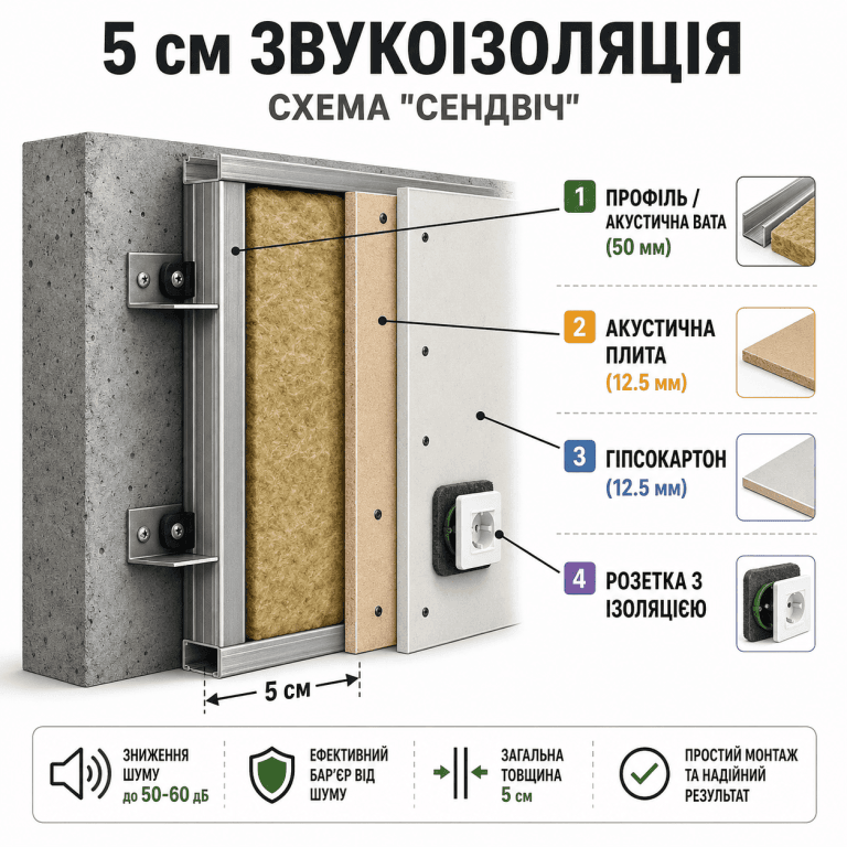 Детальна схема розрізу звукоізоляційного сендвіча товщиною 5 см для стін квартир, що показує шари: профіль, акустична вата, акустична плита та гіпсокартон.
