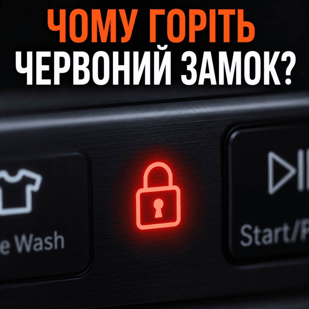 Детальний знімки частини панелі Samsung, де блимає або яскраво горить червоний індикатор у формі замка або ключа. Вище розташовано великий, жирний, попереджувальний напис українською: "ЧОМУ ГОРІТЬ ЧЕРВОНИЙ ЗАМОК?".
