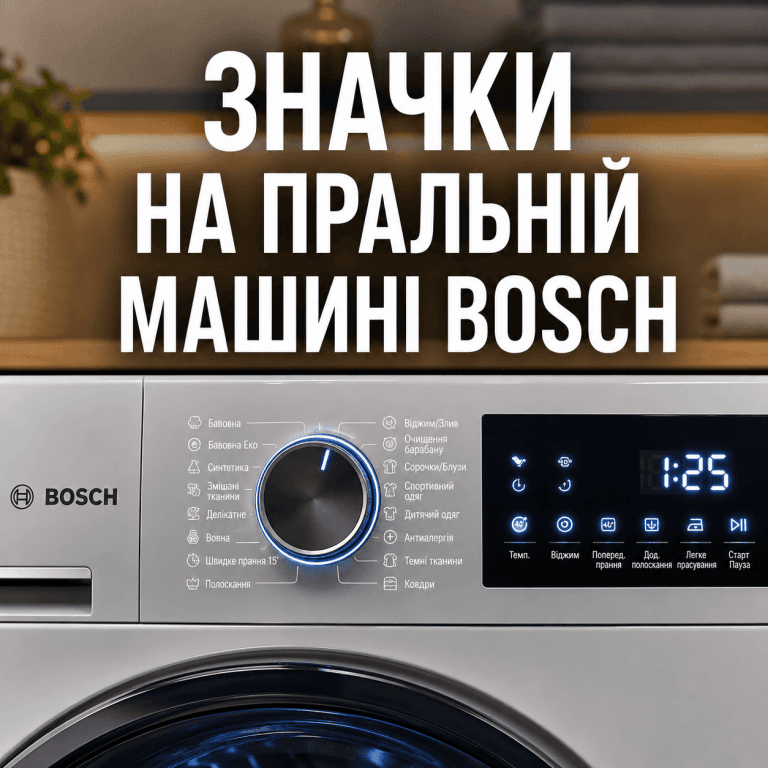 Панель керування сучасної пральної машини Bosch з увімкненим підсвічуванням символів та великим заголовком українською мовою.