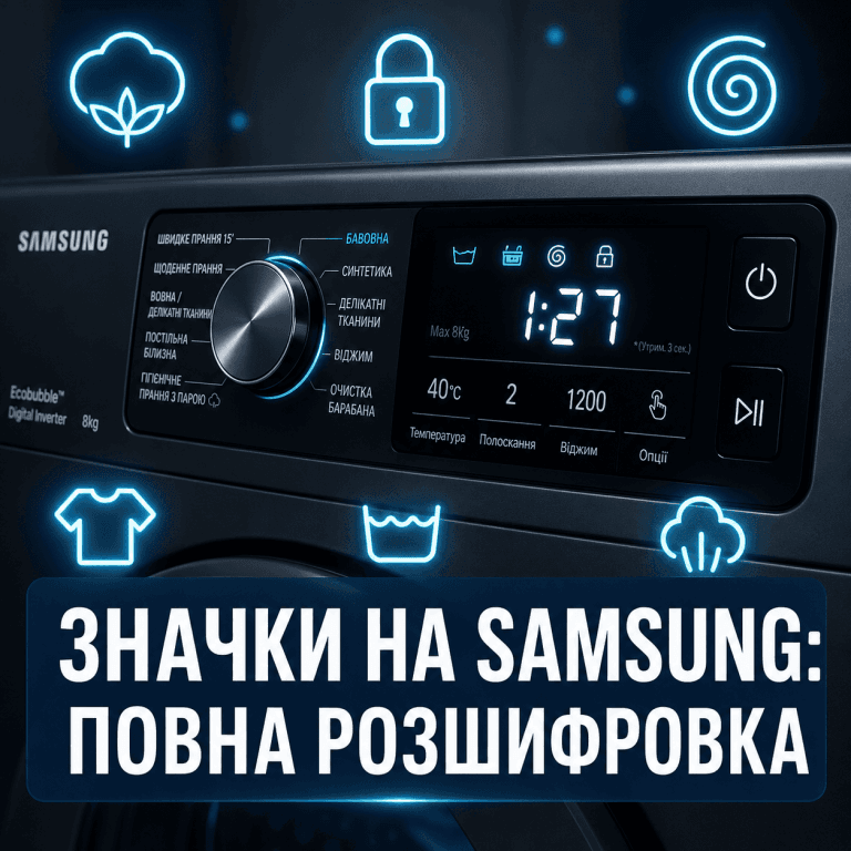 Що означають значки на пральній машині Samsung: повна розшифровка символів