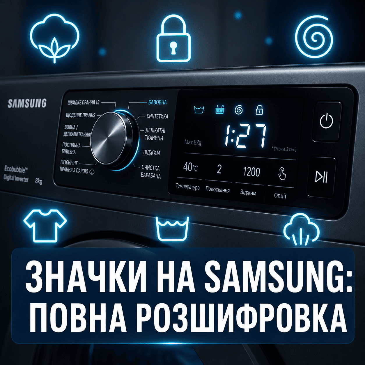 Сучасна панель керування пральної машини Samsung із цифровим дисплеєм, навколо якої графічно підсвічені різні індикатори та великий жирний напис українською мовою: "ЗНАЧКИ НА SAMSUNG: ПОВНА РОЗШИФРОВКА".