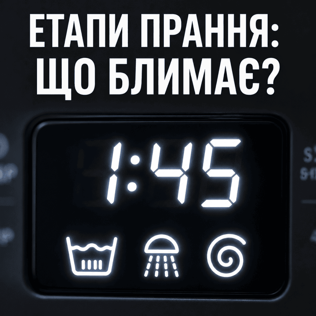 Макрознімок дисплея пральної машини Samsung, що показує час прання (наприклад, 1:45) та рядок іконок під ним: тазик (прання), лійка (полоскання), спіраль (віджим). Зверху жирний український напис: "ЕТАПИ ПРАННЯ: ЩО БЛИМАЄ?".