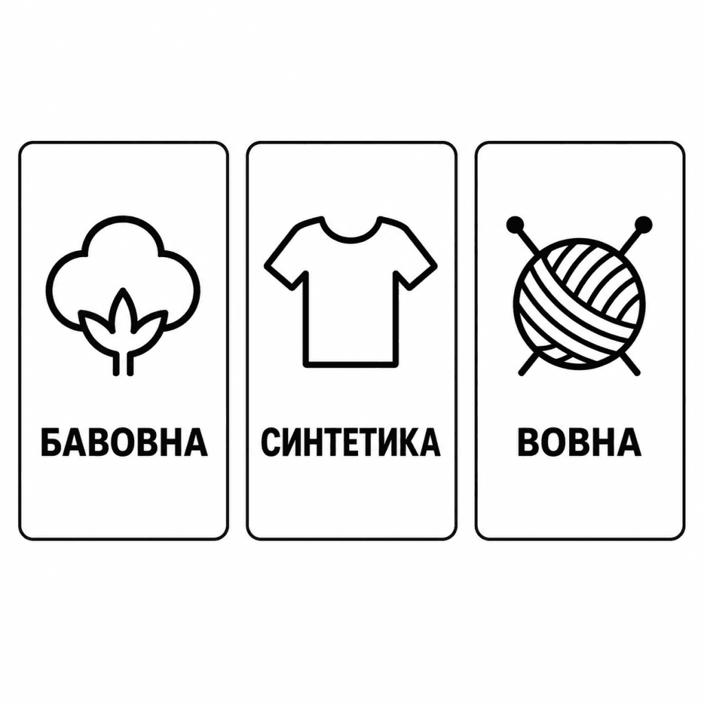 Інфографіка, що показує три основні значки на пральній машині Indesit з українськими підписами: бавовна (бавовник), синтетика (футболка) та вовна (клубок).