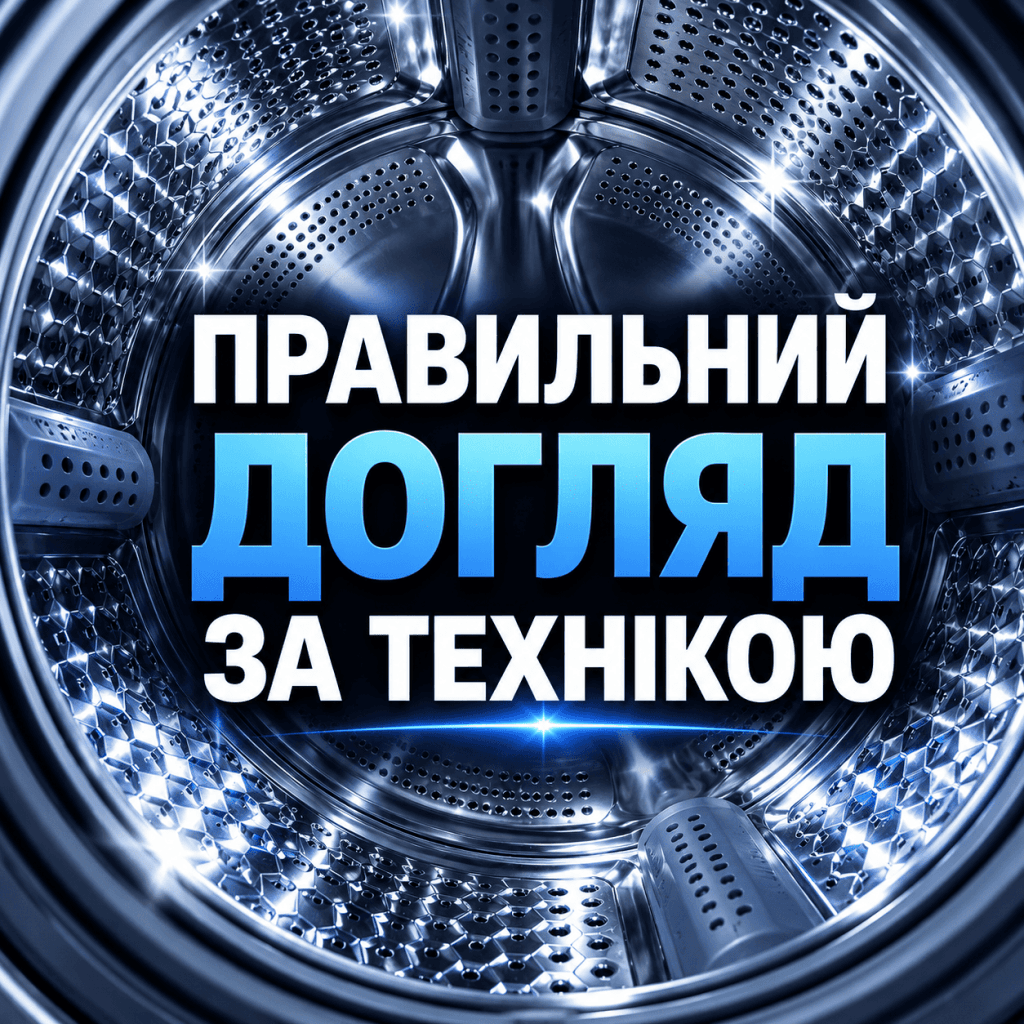 Чистий блискучий сталевий барабан пральної машини зсередини з порадою щодо догляду за побутовою технікою.
