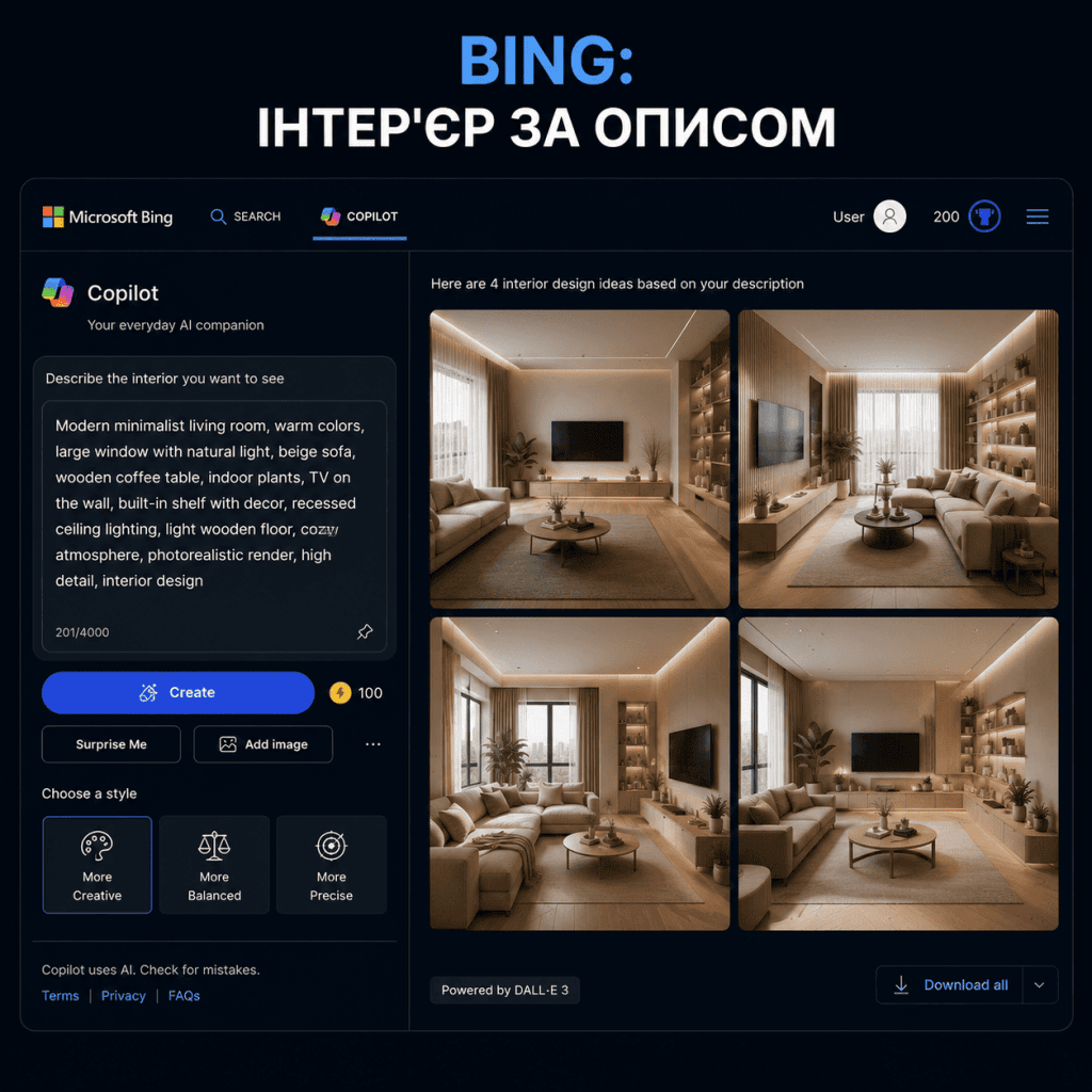 Скриншот сервісу Bing Image Creator, що демонструє поле введення текстового запиту та згенеровані варіанти дизайну вітальні.