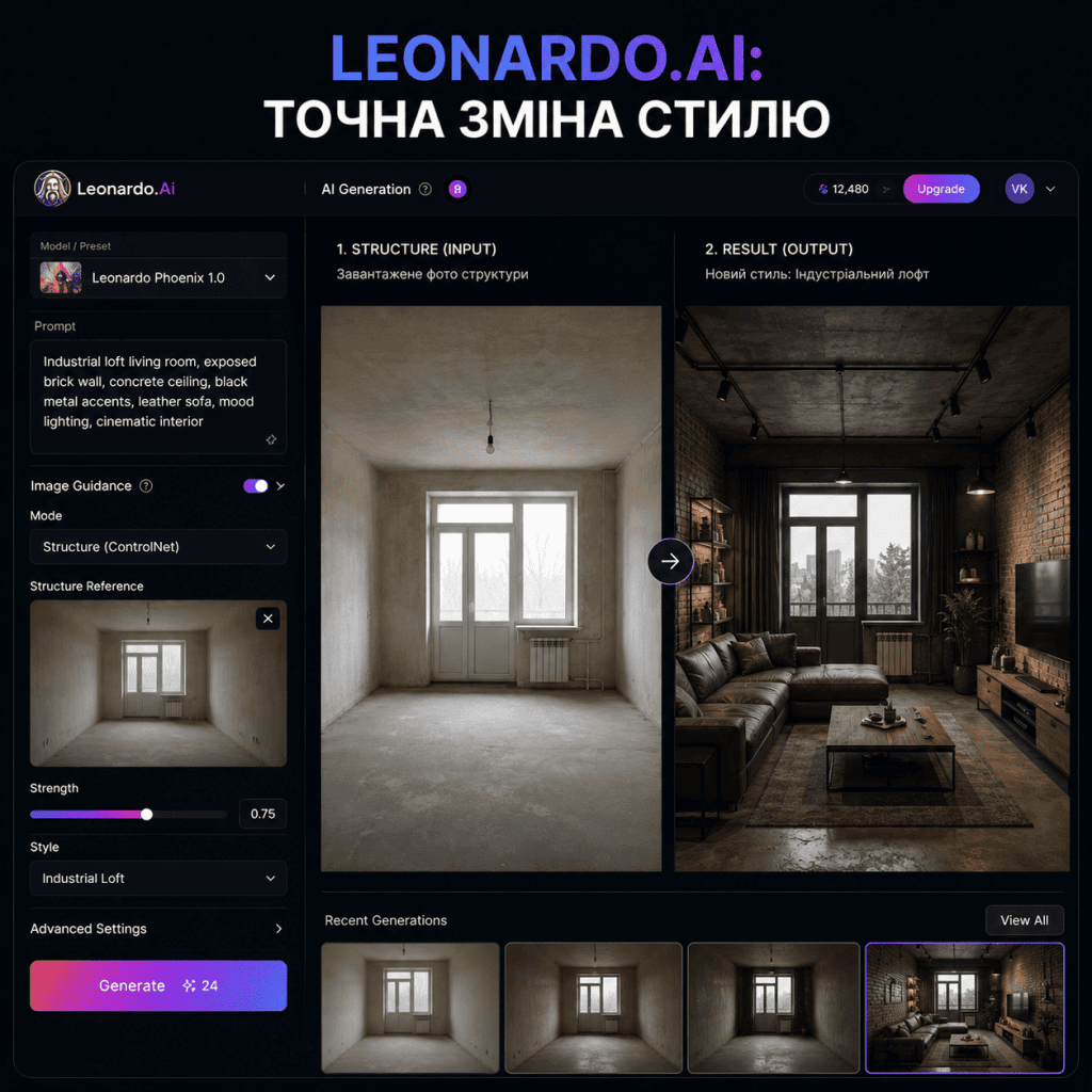 Скриншот панелі керування Leonardo.ai, що демонструє використання функції Image Guidance для зміни стилю інтер'єру із збереженням геометрії приміщення.