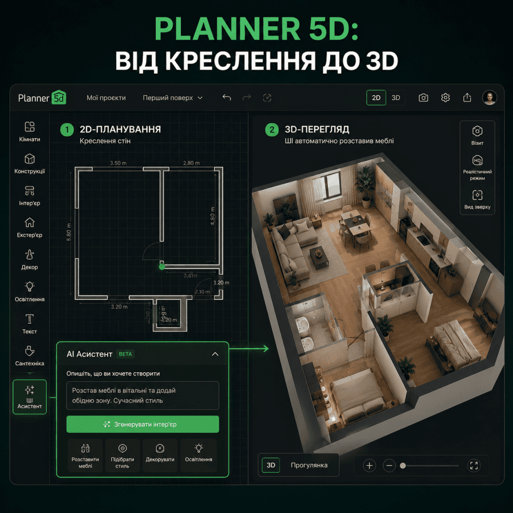 Скриншот онлайн-планувальника Planner 5D, що показує роботу ШІ-асистента для автоматичного створення 3D-інтер'єру на основі 2D-плану.
