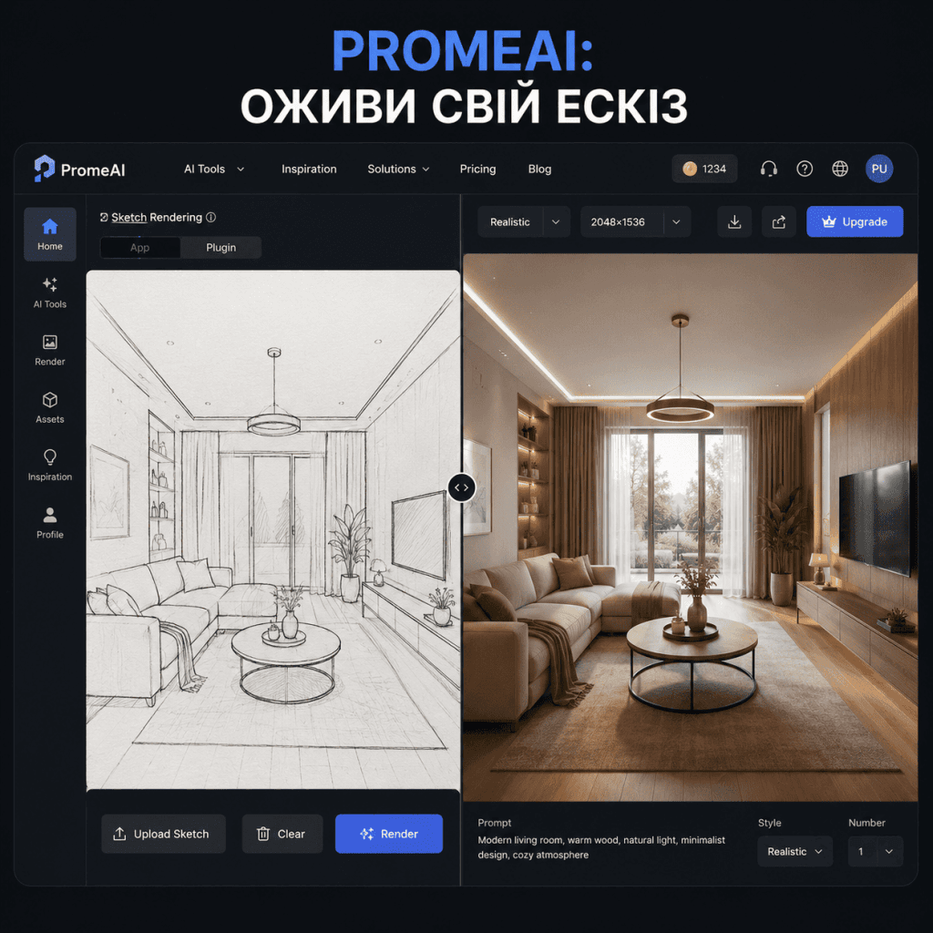Скриншот PromeAI, що показує функцію перетворення ручного олівцевого начерку інтер'єру на реалістичну візуалізацію.