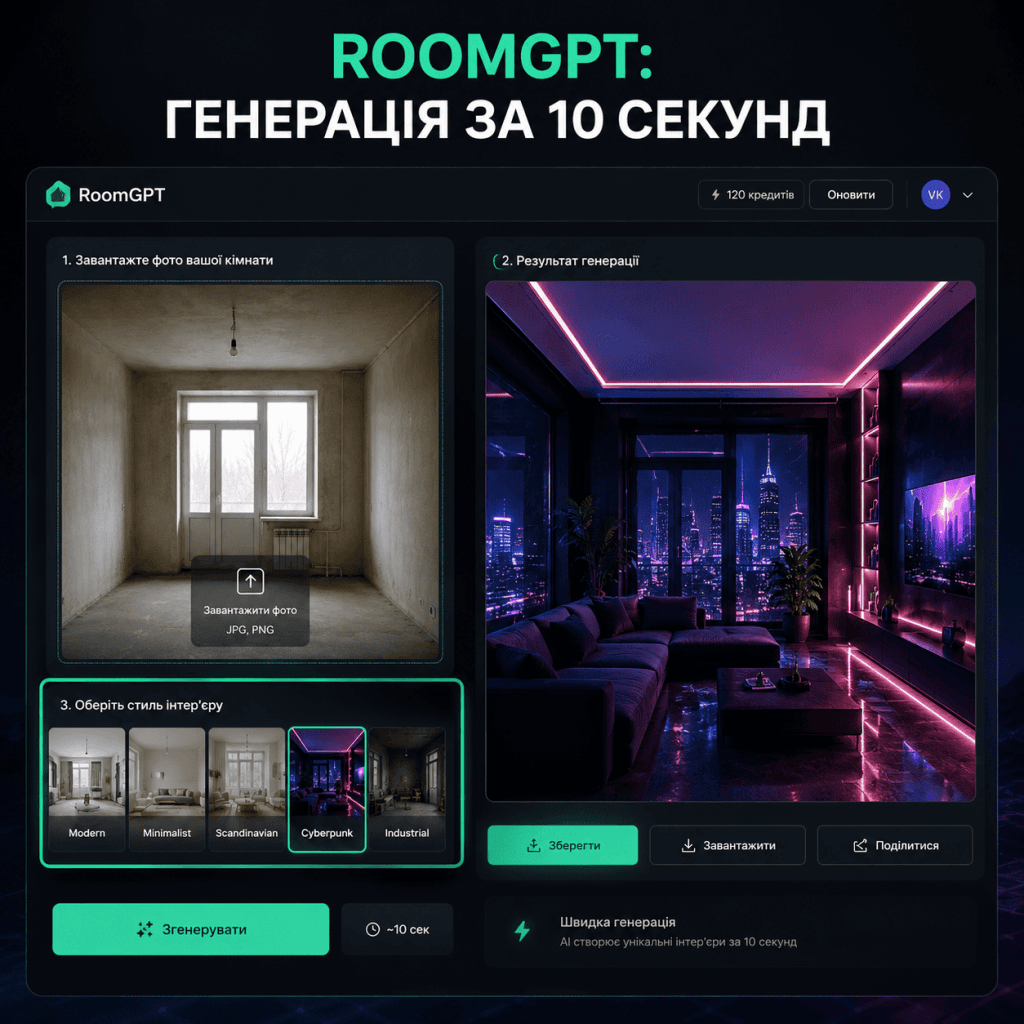 Скриншот інтерфейсу RoomGPT, що демонструє процес завантаження фотографії та отримання готового дизайну інтер'єру.