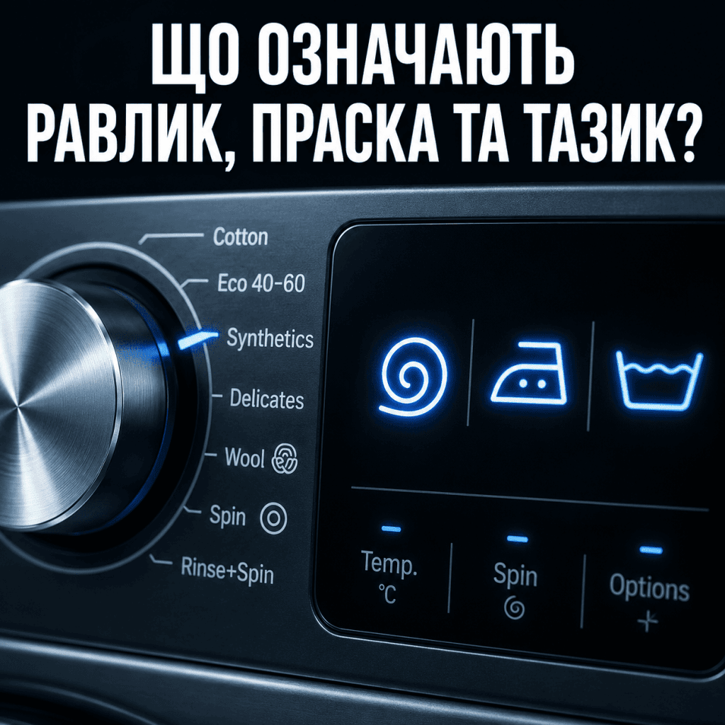 Близький план спеціальних символів равлика, праски та тазика на електронному табло пральної машини з контрастним написом.