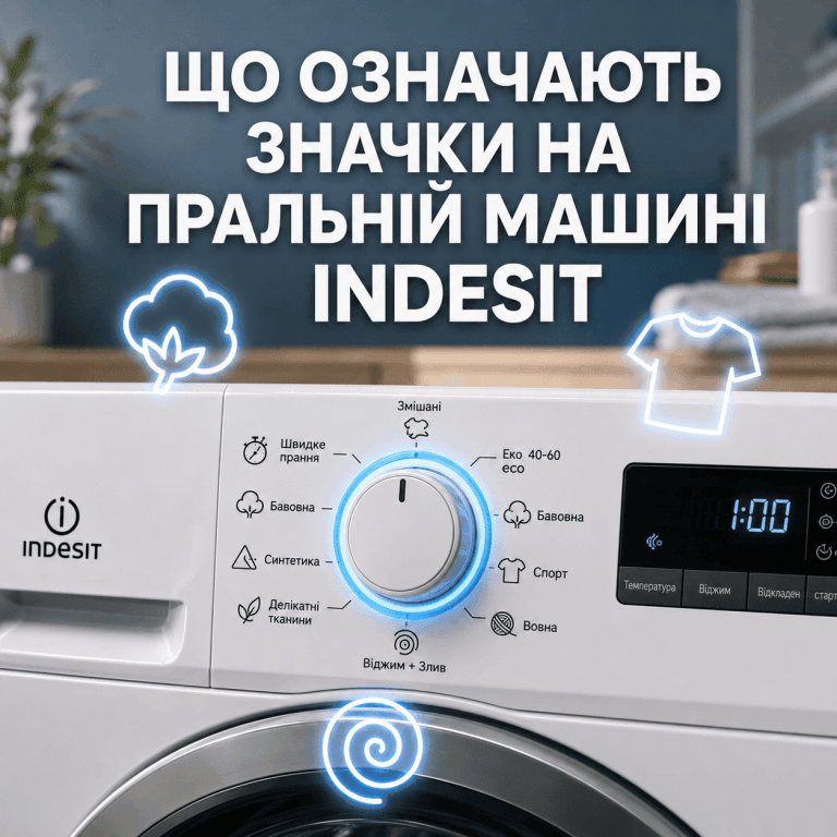 Головне зображення статті: панель управління пральної машини Indesit із жирним українським текстом «Що означають значки на пральній машині Indesit» та стилізованими іконками режимів прання.