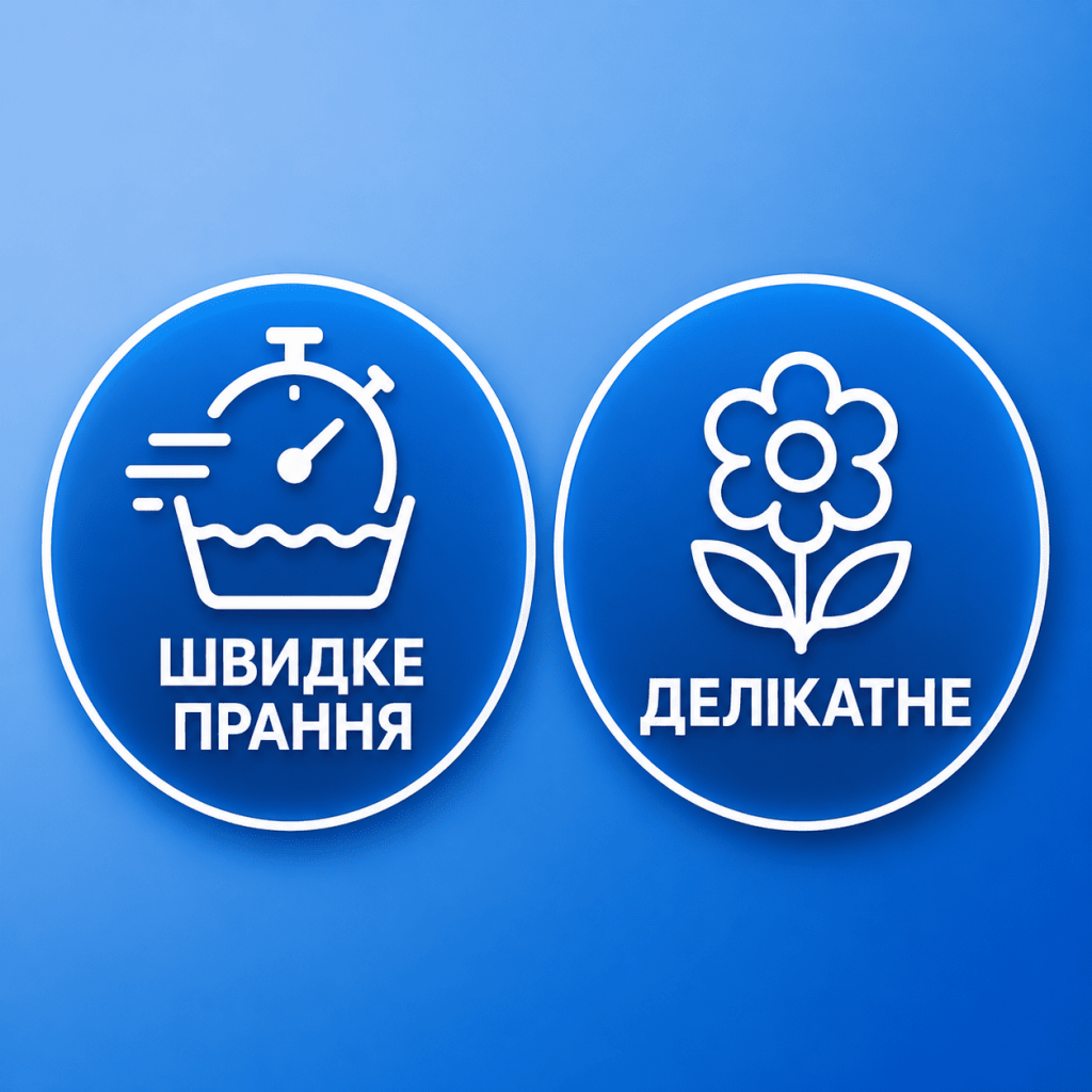 Візуалізація двох спеціальних функцій на пральній машині Indesit з українським текстом: значок швидкого прання (секундомір) та значок делікатного прання (квітка).