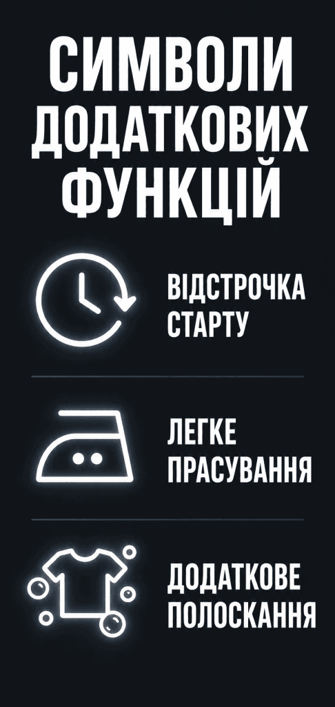 Мобільна інфографіка з розшифровкою додаткових функцій пральної машини Самсунг. Зображені іконки відкладеного старту, легкого прасування та технології Еко Бабл з великими підписами українською мовою.