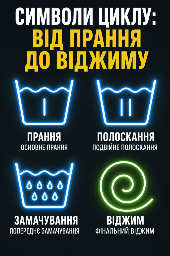 Мобільна таблиця-інфографіка зі значками етапів прання LG від попереднього циклу до віджимання центрифугою.