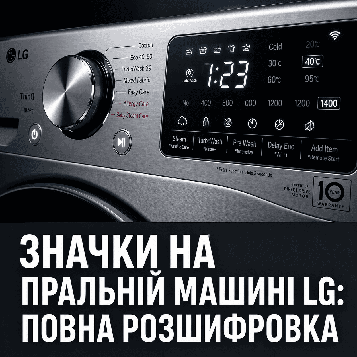 Цифрова панель керування пральної машини LG із підствіченими іконками та великим текстом українською мовою про повну розшифровку значків.