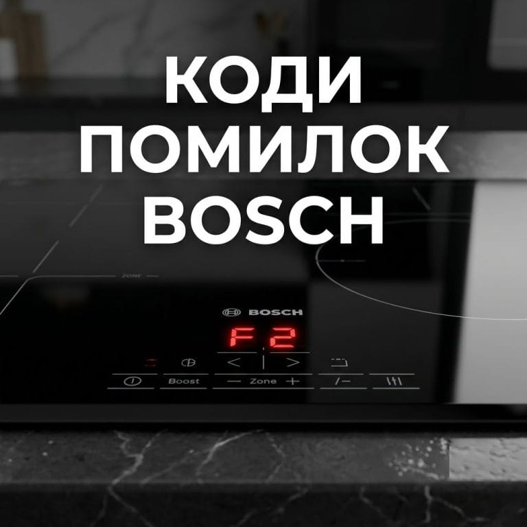 Чорна індукційна плита Bosch із червоним кодом помилки F2 на дисплеї та великим білим написом КОДИ ПОМИЛОК BOSCH українською мовою.