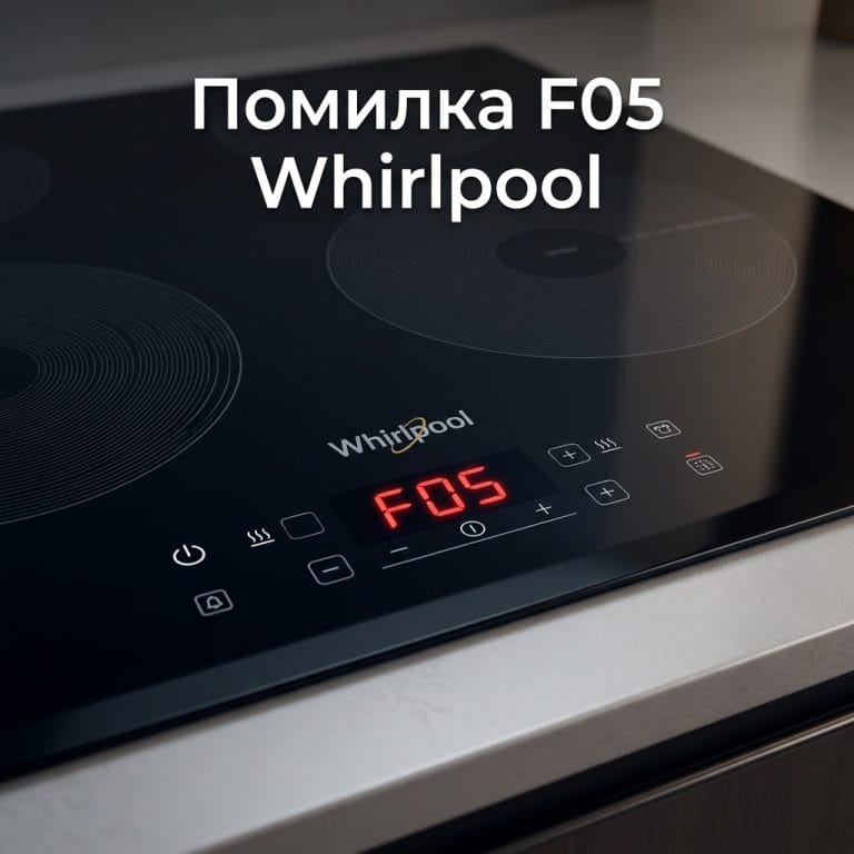 Індукційна варильна панель Whirlpool із червоним кодом помилки F05 на сенсорному дисплеї.