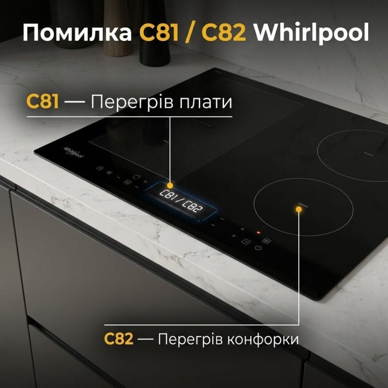 Індукційна варильна поверхня Whirlpool з кодами помилок C81 і C82 та схематичним поясненням зон перегріву