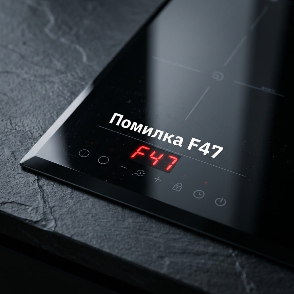 Чорна індукційна варильна поверхня Whirlpool на сучасній кухні з яскравим кодом помилки F47 на цифровому дисплеї.