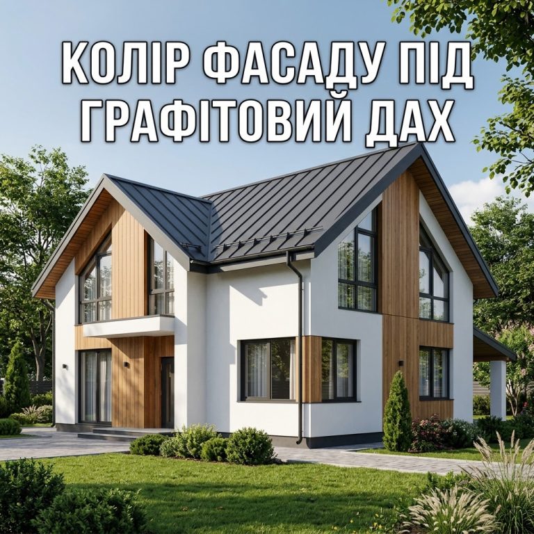 Сучасний приватний будинок з графітовим дахом, світлим фасадом та елементами натурального дерева.